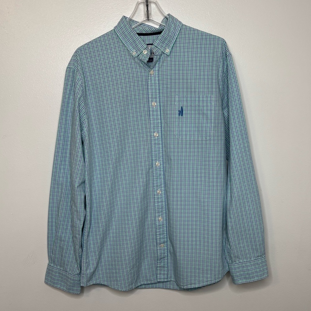 johnnie-O West Coast Prep Button Down Shirt Large Blue Green Gingham Cotton